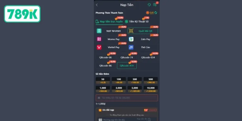 Hướng dẫn quét mã QR để nạp tiền 789K