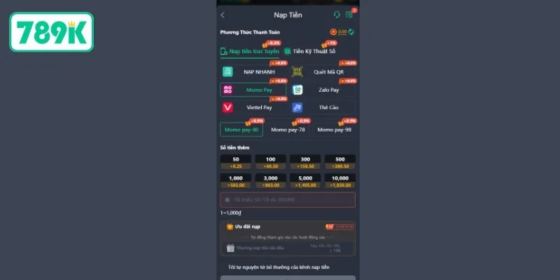 Nạp tiền 789K bằng MoMo, ZaloPay và Viettel Money