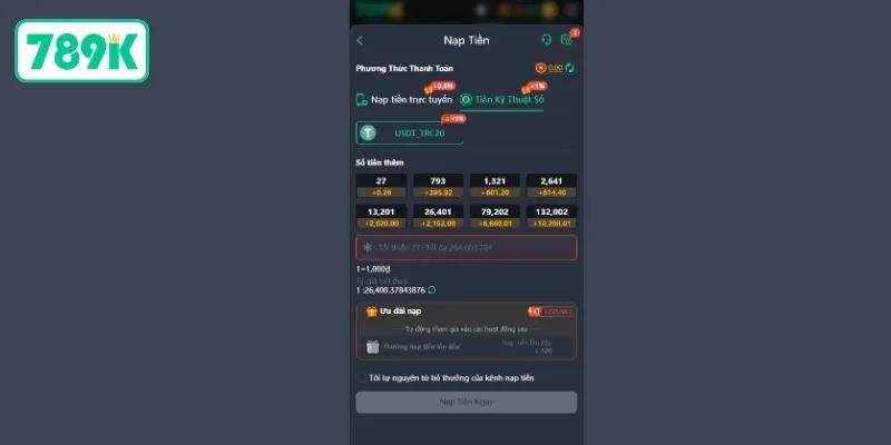 Nạp tiền 789K bằng tiền điện tử USDT nhanh và an toàn